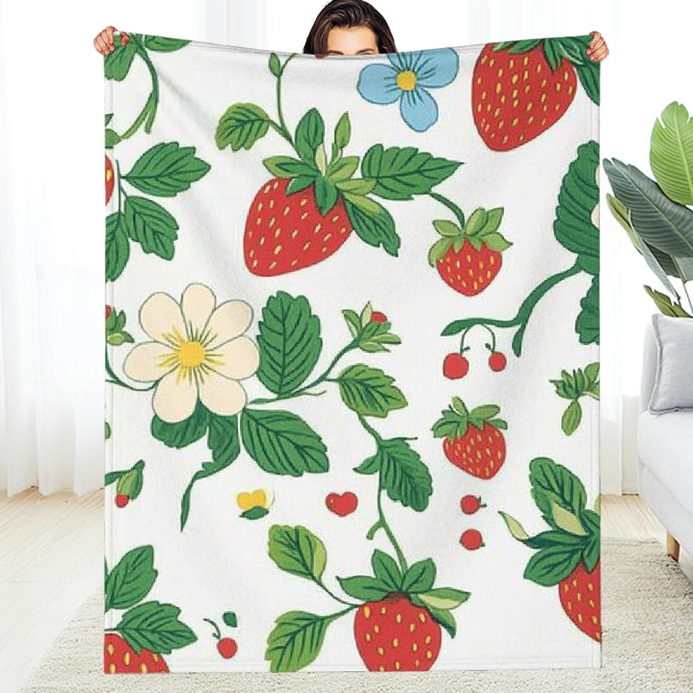 PALNKART Strawberry Floral Design Flannel Blanket, Soft Warm Lightweight Blanket for Sofa, Travel, Camping, Bed, Chair 50x60in