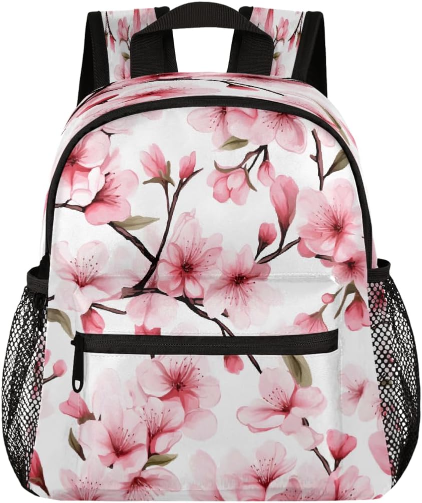 Toddler Backpack for Boys Girls, Pink Japanese Floral Cherry Blossom Mini Kids Backpacks with Chest Strap Whistle, Preschool Kindergarten Daypack, Travel Bookbag for Children