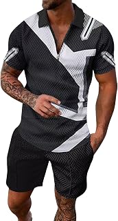 BFYSFBAIG Men's Short Sets 2 Piece Outfits Shorts Sleeve Workout Muscle T-Shirts and Sports Shorts Set Casual Jogging Sweatsuits Fashion Casual Sweatshirt Men's Zip Lapel Casual Print Polo Shirt