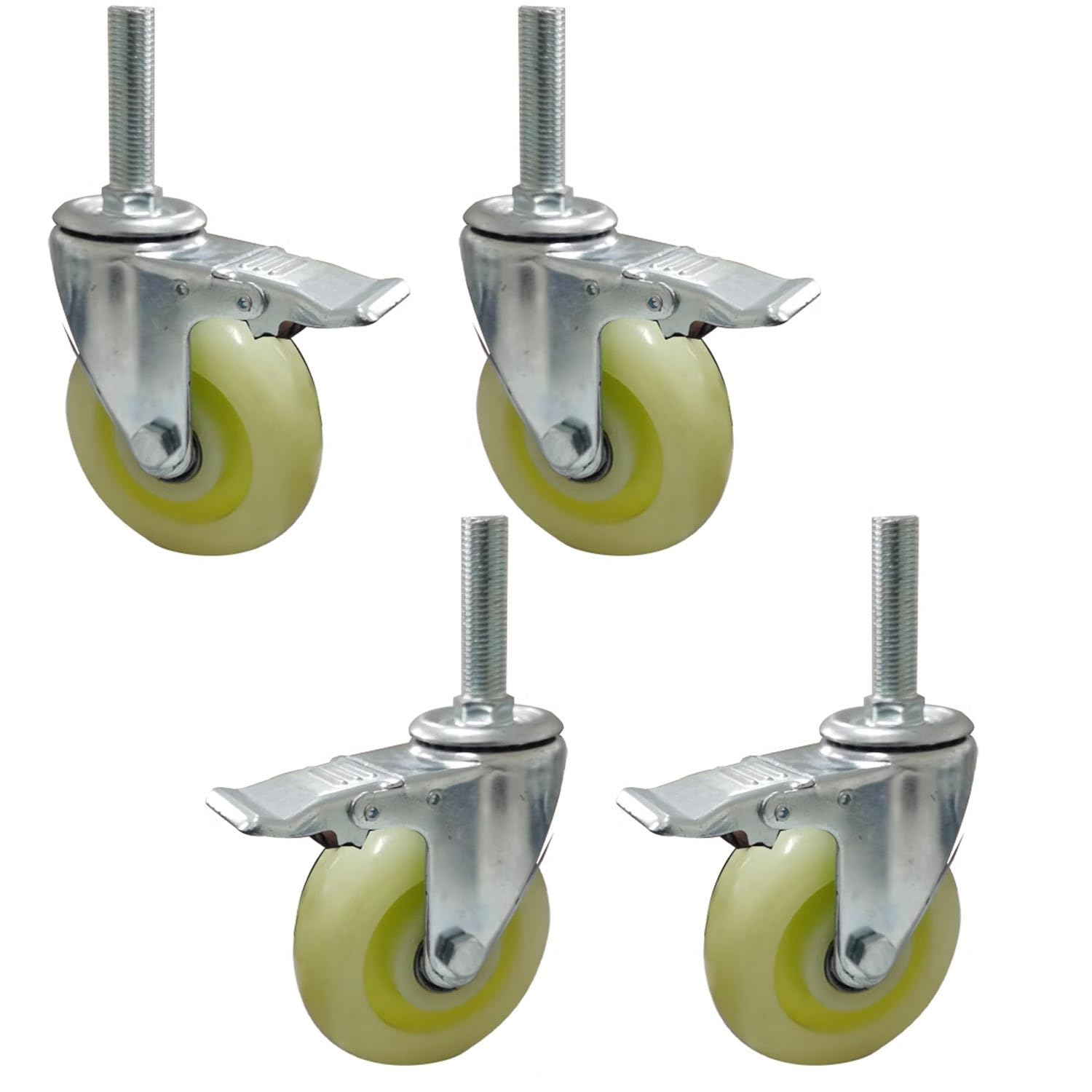 75 mm Hochleistungs-Lenkrollen aus Nylon, Gewindestangen M16 mit Bremse, 4er-Set geräuschlose Trolleyrollen, tragend 300kg(Brake,M16*100)