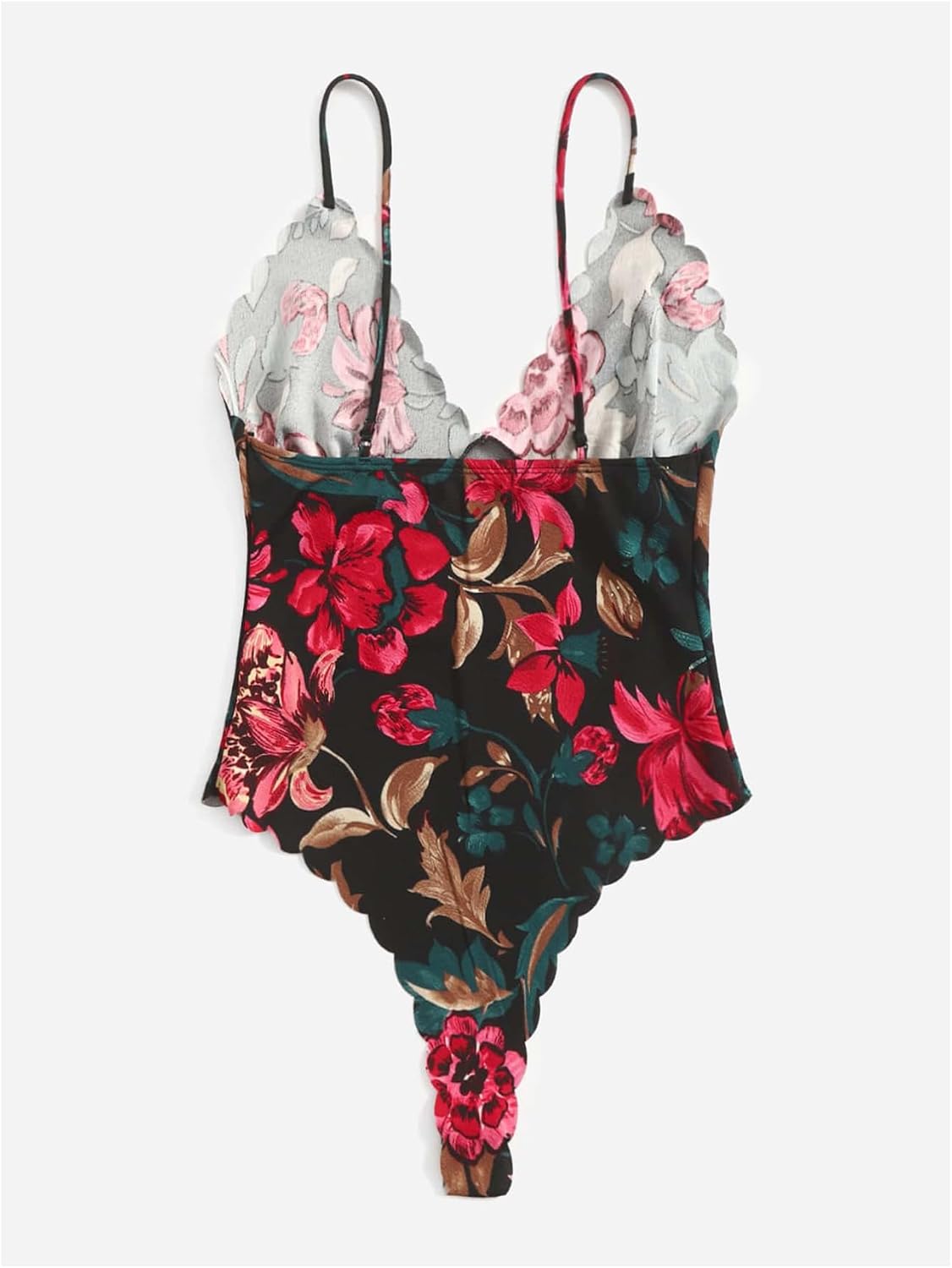 SOLY HUX Women's Floral Print Bodysuit V Neck Spaghetti Strap Scallop Trim Cami Bodysuits Tops