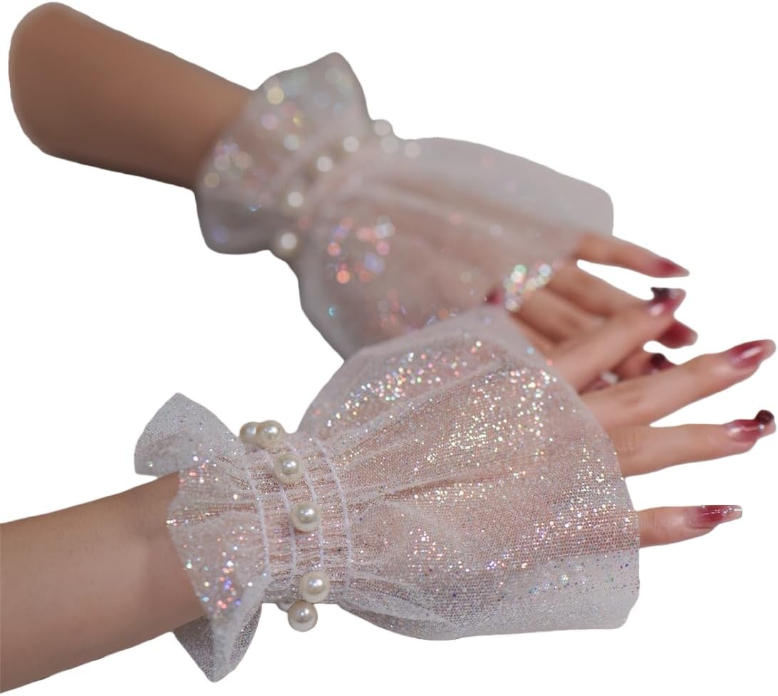 Mrotrida Women's Lace Floral Mesh Fake Cuffs Lolitas Sheer Ruffled Detachable Fake Sleeves Gloves for Halloween Weddings
