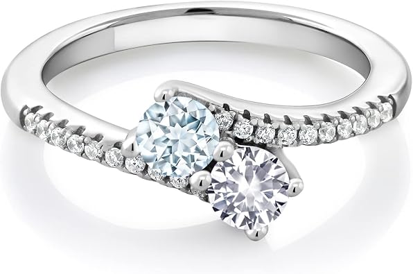Gem Stone King Two-Stone Bypass Ring for Women in 925 Sterling Silver | 4MM Round Gemstone Birthstone and Aquamarine | Crossover Anniversary Engagement Wedding Promise Ring | Sizes 5, 6, 7, 8, 9