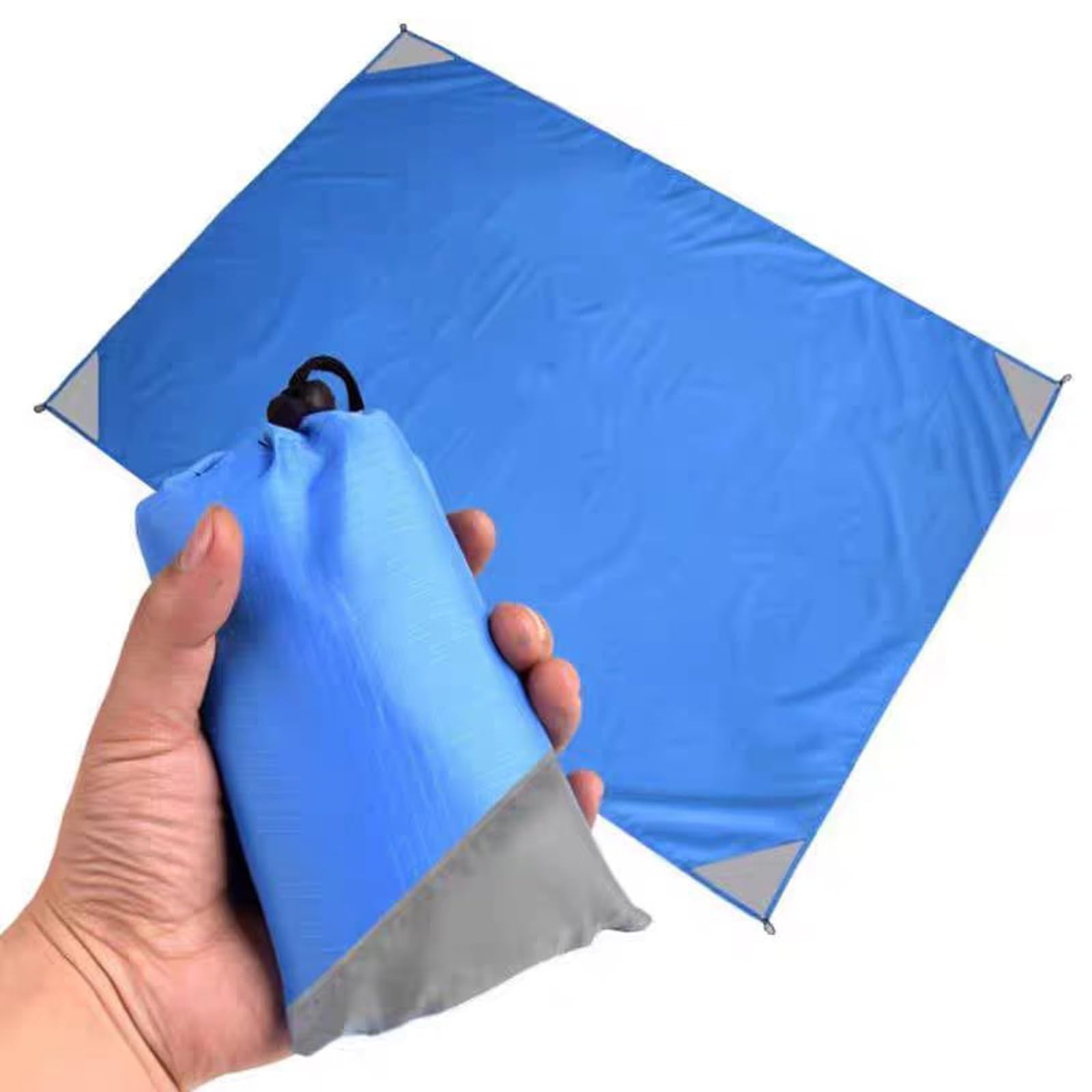 Mini coperta da picnic impermeabile 140 x 200 cm con 4 angoli di fissaggio blu