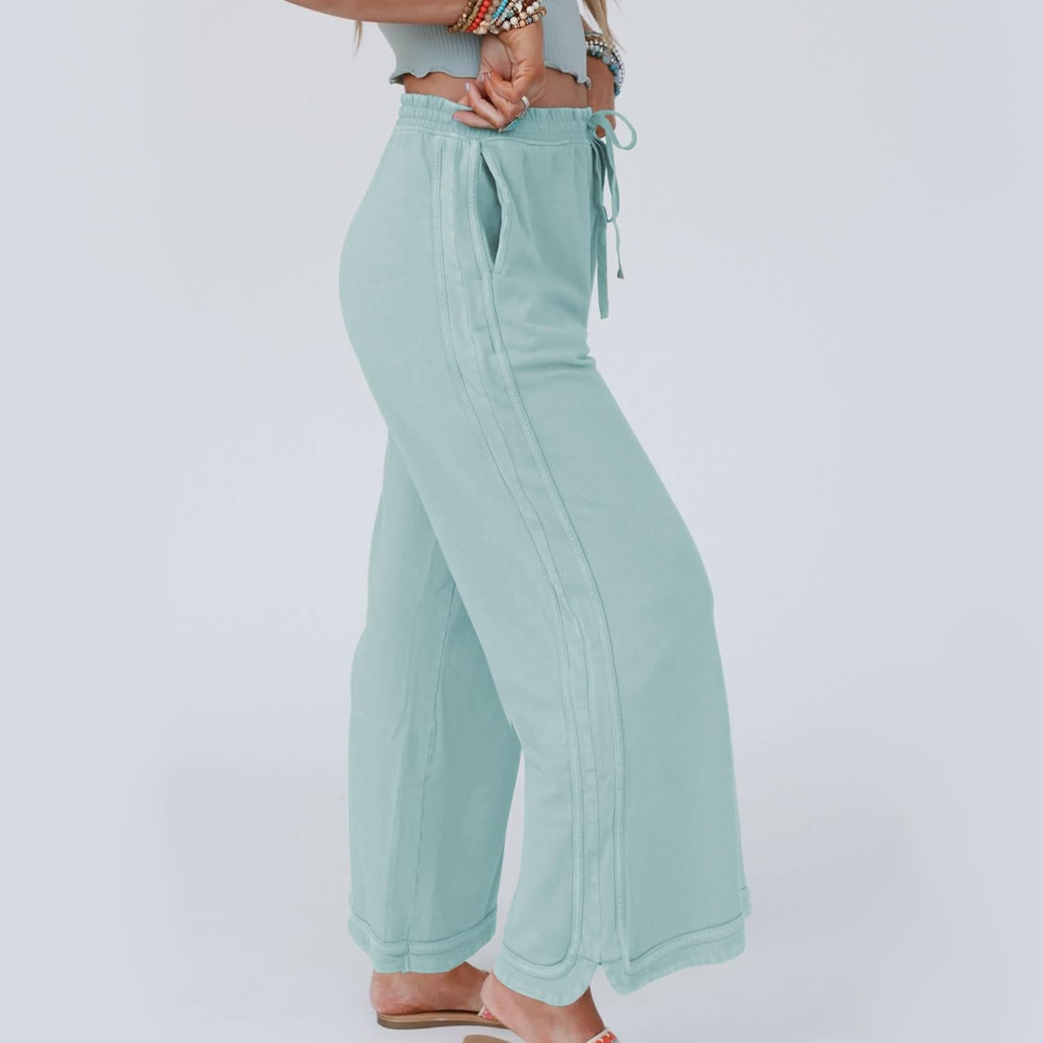 Ainangua Women's Palazzo Pants Acid Wash Capri Pants Drawstring Athletic Wide Leg Trousers Summer Lounge Home