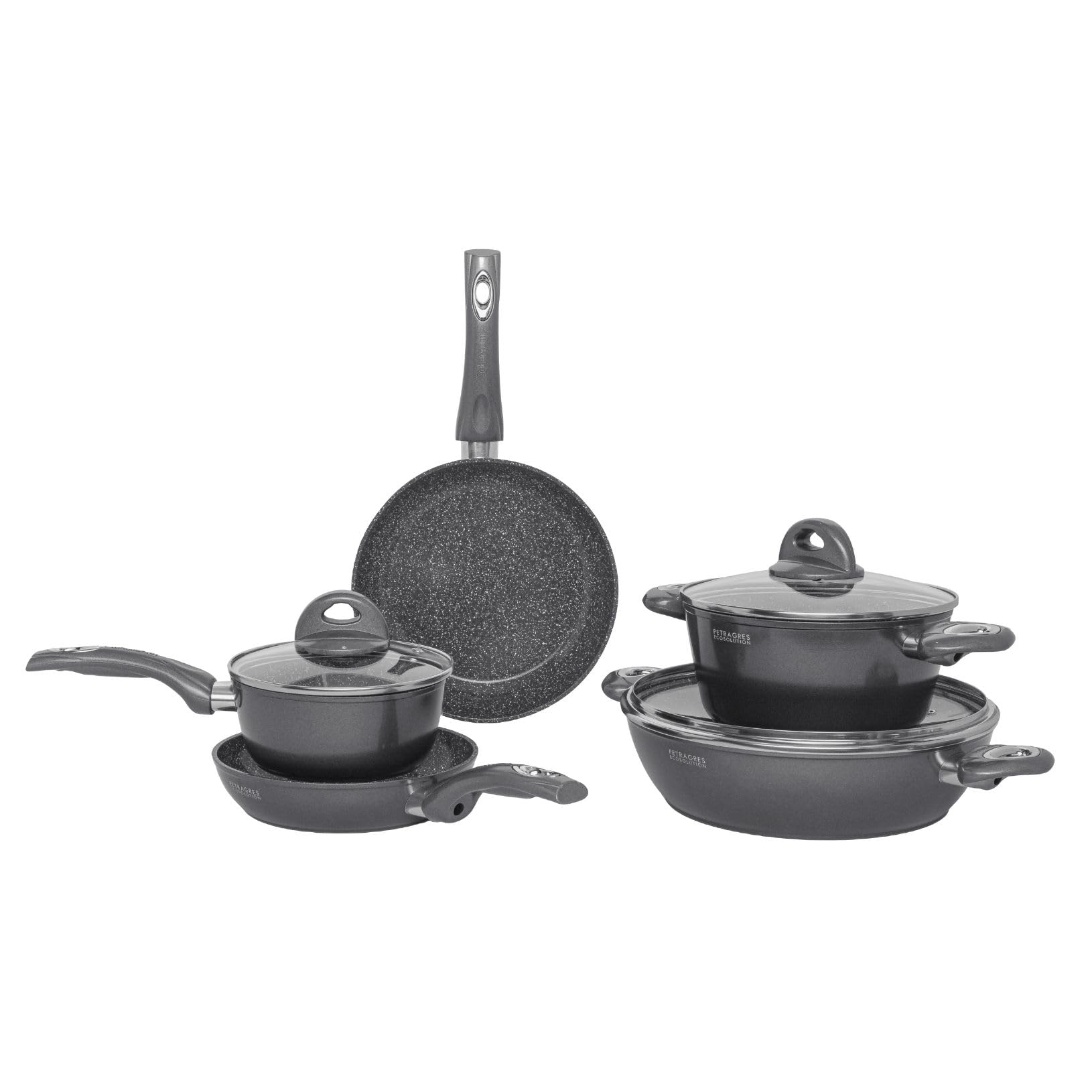 Aeternum, Petragres Ecosolution, Batteria 8 pezzi, 2 Padelle 20-​24 cm, 2 Casseruole 16-​20 cm, 1 Tegame 28 cm, 3 Coperchi 16-​20-​28 cm, Full Induction, Adatto all'Induzione, Riv. PFAS FREE, Grigio scuro