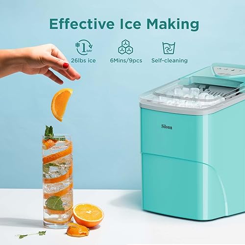 Vista 8 de Silonn - Máquina de hacer hielo para encimera, 9 cubos listos en 6 minutos, 26 libras en 24 horas, autolimpiable, cuchara de hielo y canasta, 2 Negro