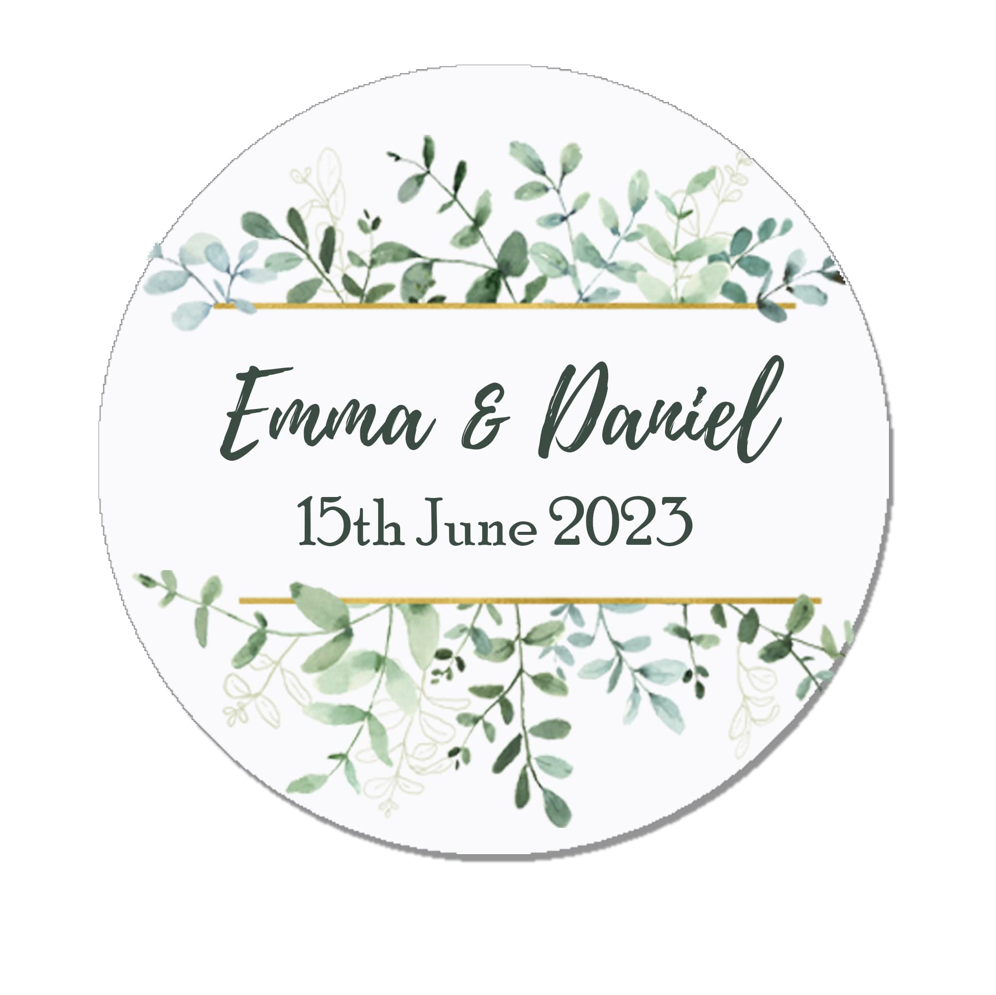 35 x Treasured Forever Personalised Wedding Floral Effect Favour Round Stickers (37mm) (Green & Gold)