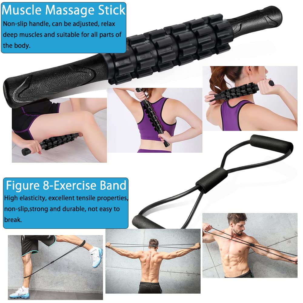 Rullo Massaggio Muscolare, Qveetry 6 in 1 Foam Roller Rullo in Schiuma Pallina Massaggiante Bastone Massaggio bande di resistenza per Stretching Yoga Pilates Rilascio Miofasciale