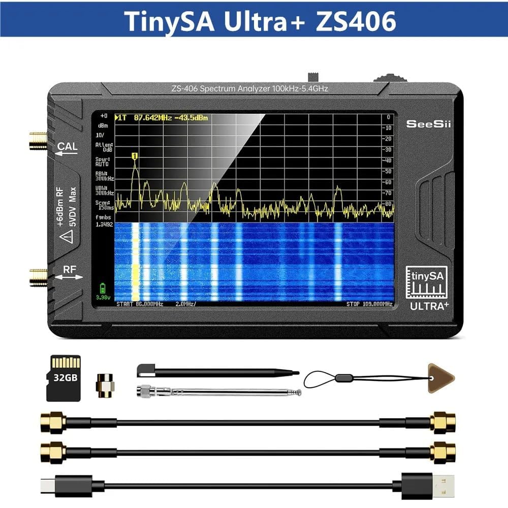 TinySA - Analizzatore di frequenza portatile Ultra+, ZS406, 4,0 pollici, 100 kHz-5,4 GHz, con scheda da 32 GB, HW V0.4.6, generatore di segnale 2 in 1, ingresso MF/HF/VHF UHF, aggiornamento 2025