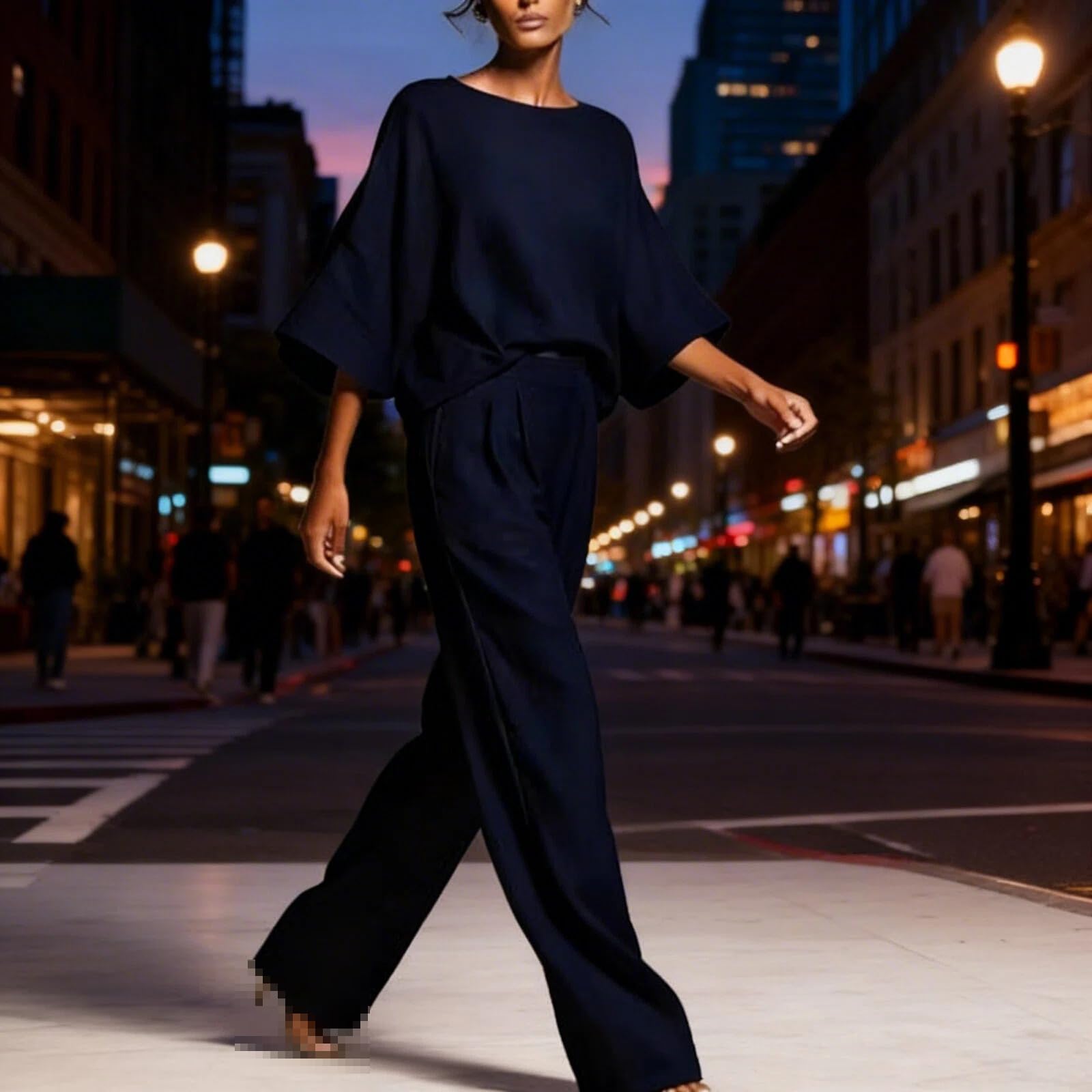 Generisch Women 's Summer Linen Set Solid Color Two Piece Loungewear mit Rundhalsausschnitt Flared Sleeve Top und Wide Leg Pants.