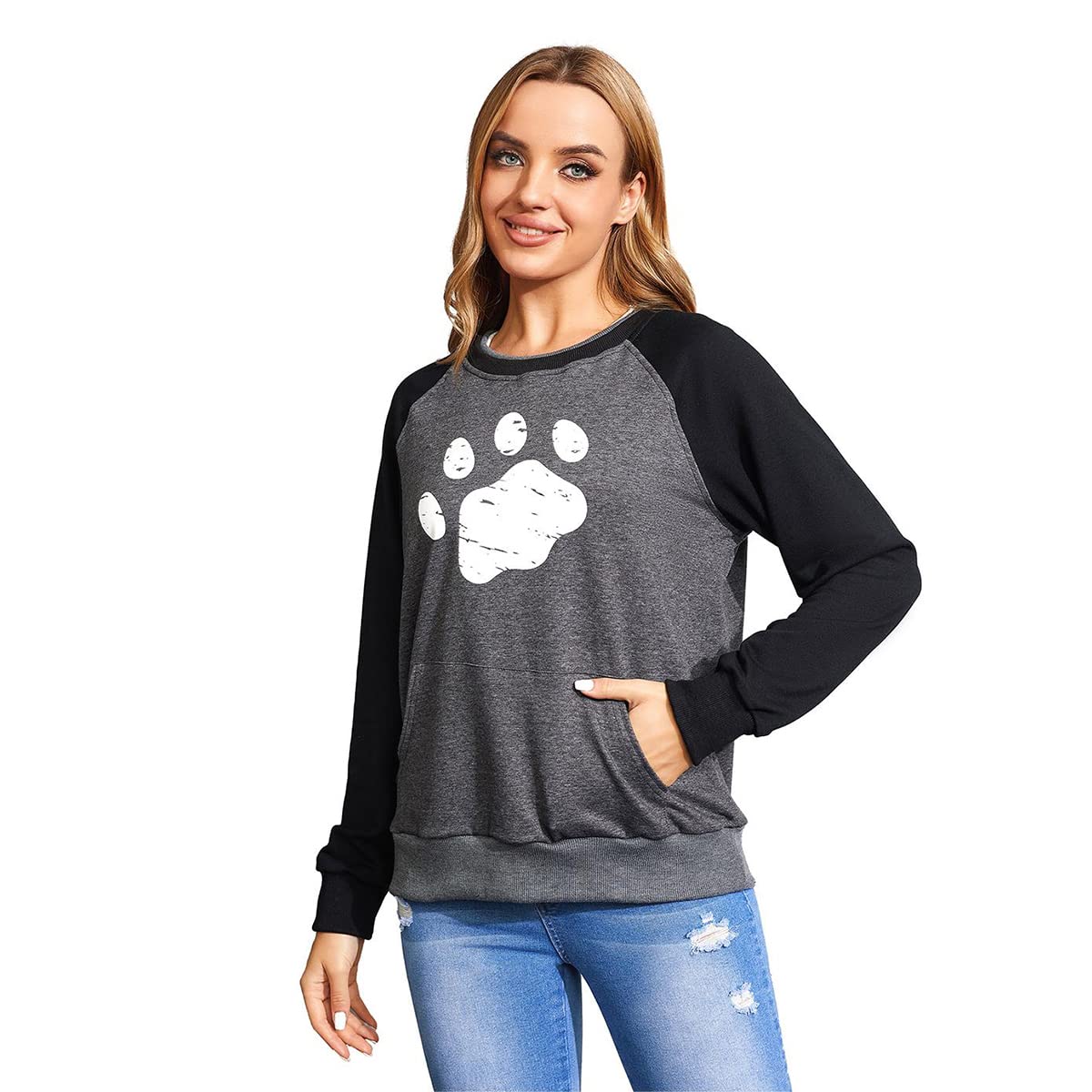 Women T-Shirt Long Sleeve Cute Puppy Paw Print Blouse Round Neck Pullover Tunic Shirt