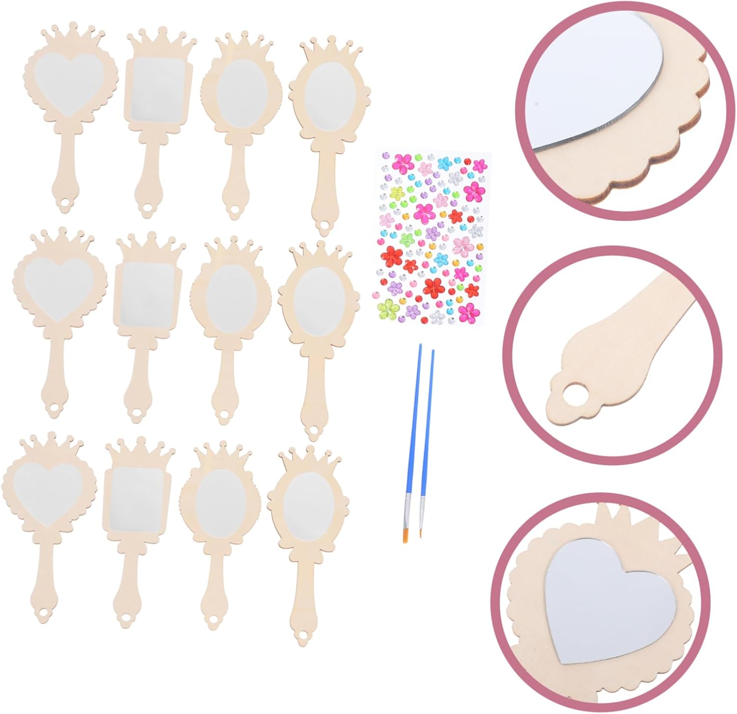 SUPVOX Wooden Mirror Craft DIY for Boys and Girls Princess Makeup Mirror Handheld Decorative Unfinished for