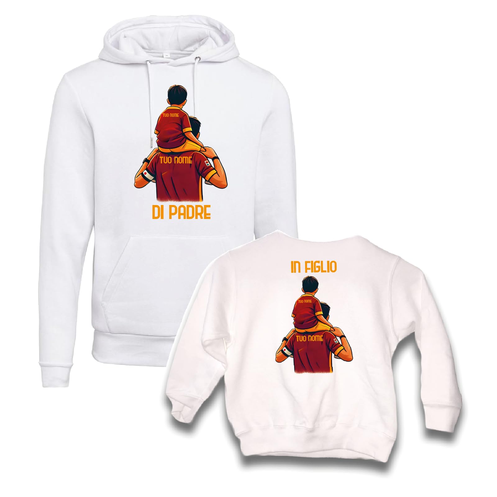 D&Vlab Coppia di Felpe Maglie di Padre in Figlio Idea Regalo per Il papà Squadre Tifosi Giallo Rossi Romani