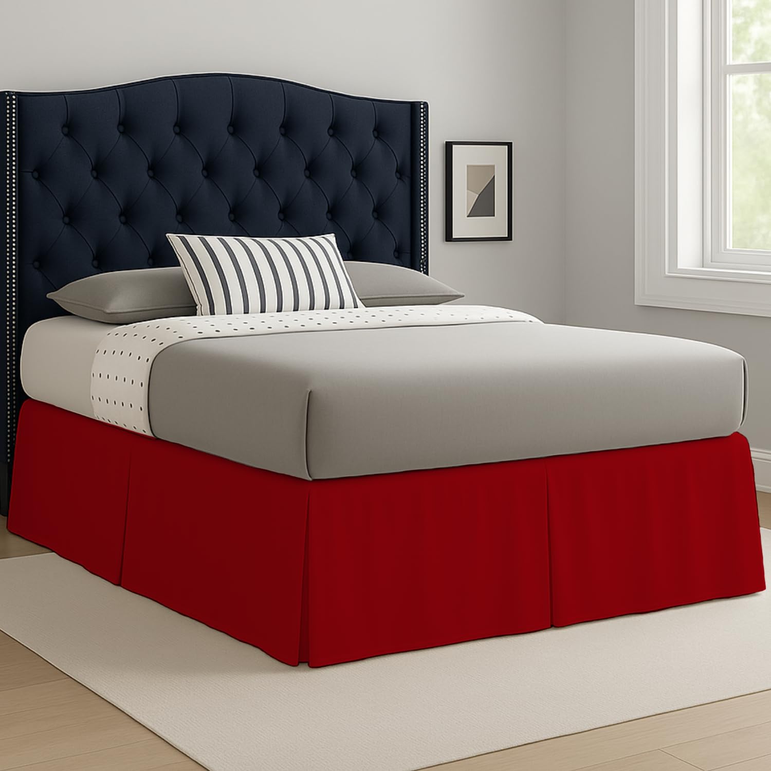 Laam linen Easy Care Plain Dyed Polycotton Pleated Base Valance Sheet Hotel Quality Bedding Sets (Red, Double)