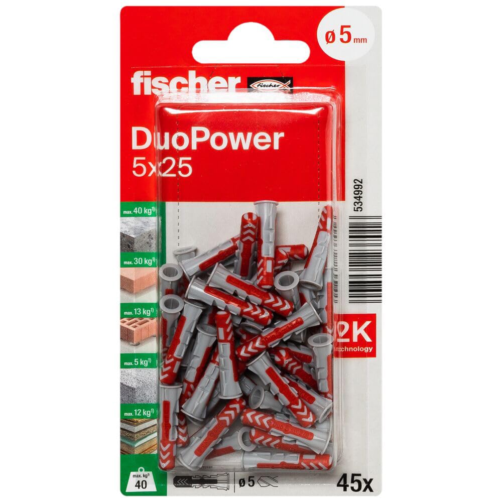 DuoPower 5x25 cheville fischer sous blister de 45 pièces pour fixations murales