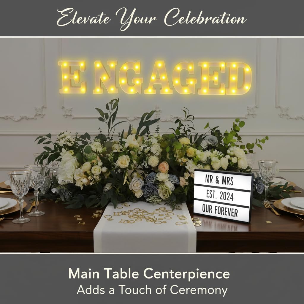 Juego de 9 piezas de decoración de fiesta de compromiso con 7 letras LED comprometidas, caja de luz retro con 96 letras y personajes, y confeti brillante para decoración de propuesta de boda