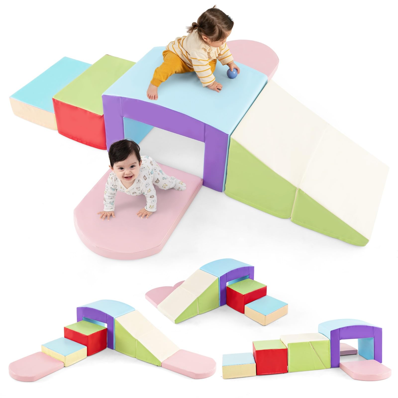 Olakids Soft Play Set, 7 Pieces Indoor Baby Foam Blocks with PU Leather, Kids Climb and Crawl Toddlers Climbing Toys for Gym Playground