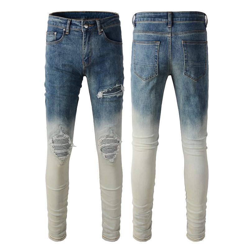 Mens Retro Gradient Patchwork Ripped Jeans Skinny Pants Stretch Slim Fit Distressed Trousers