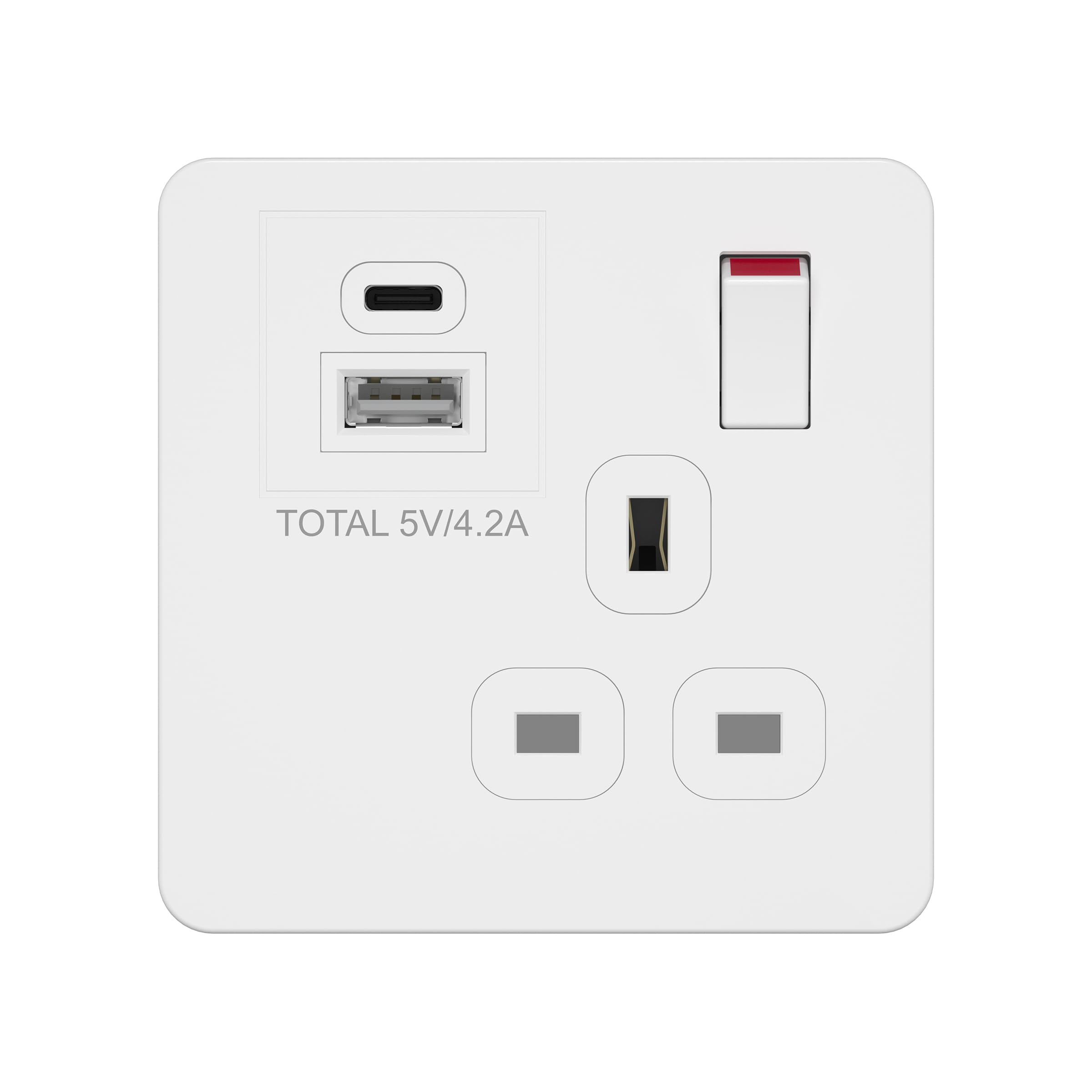 LIDER 1-Gang Switched 13A Socket with 20W USB-A & C Charger, Screwless Faceplate, Combined 5V/4.2A (20W) Output, UKCA, Child-Proof Shutter, Glossy Finish, White (Use 35mm-deep back box)