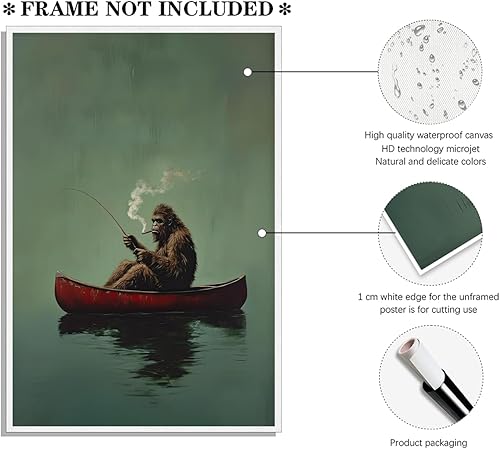 Miniatura 2 de Póster de lienzo retro de Sasquatch, divertido pie grande en una canoa roja, pesca verde esmeralda, arte de pared, diseño de casa de lago