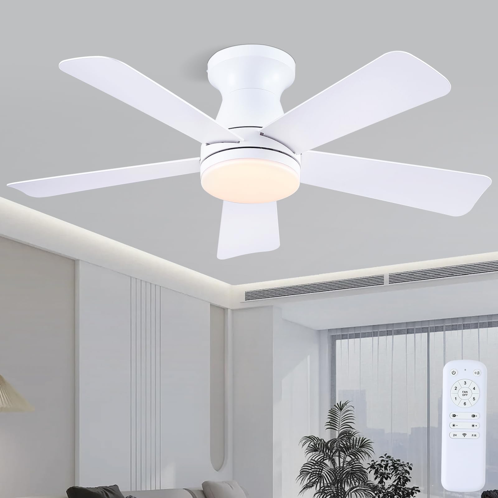 Ventilateur de plafond plat de 104 cm avec éclairage LED et télécommande, 3 couleurs de lumière réglables, 6 vitesses, ventilateur de plafond moderne encastrable pour chambre à coucher et cuisine