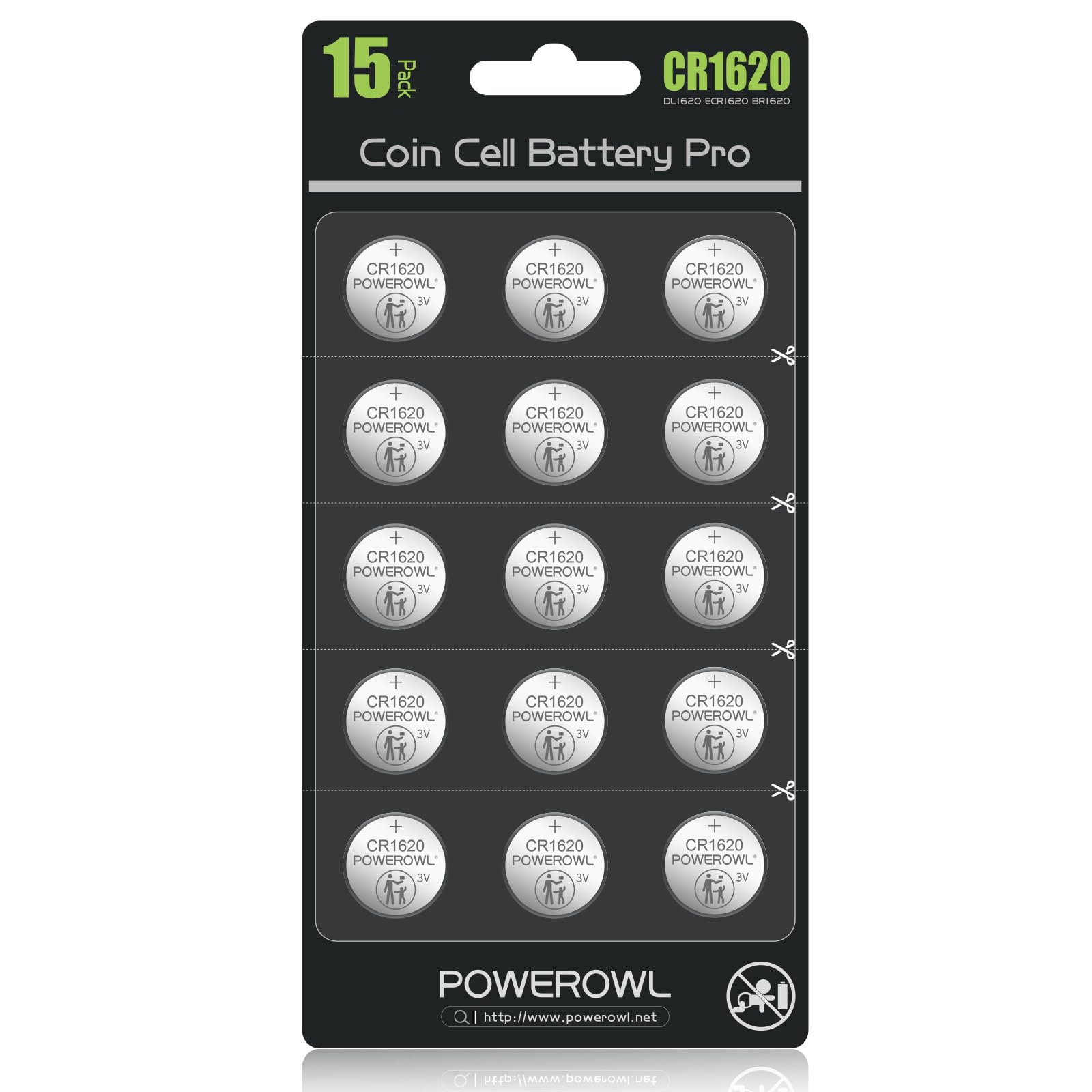 POWEROWL High Capacity CR1620 Battery (15-Pack) 3v Lithium Batteries, 10 Years Leak-Free