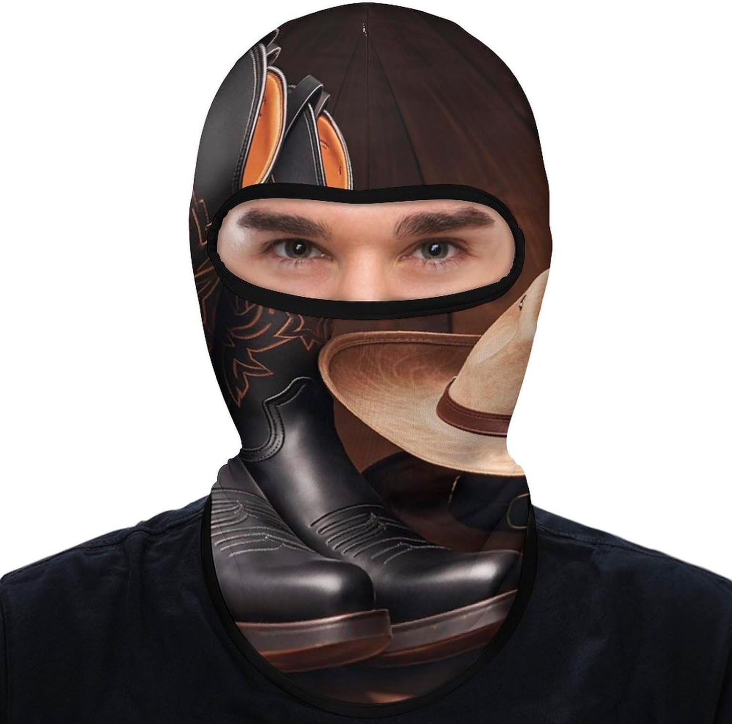Cowboy Black Hat Western Boots Balaclava Ski Mask Sun Protection Breathable Full Head Mask Full Face Mask Neck Gaiter Windproof Scarf for Motorcycle Skiing Cycling