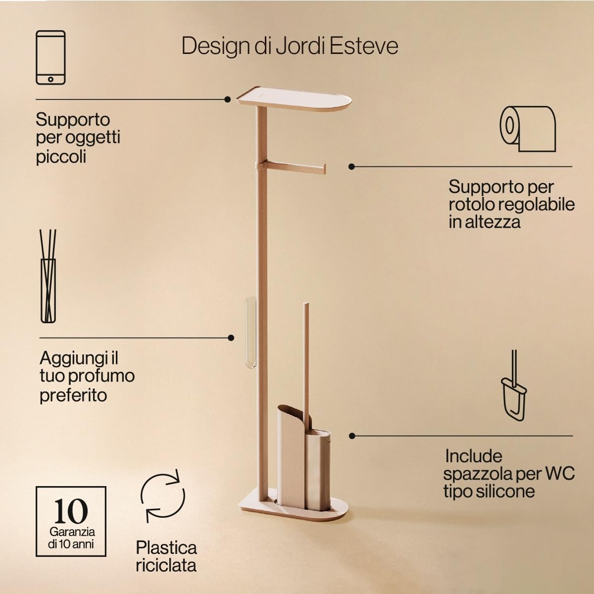 COSMIC Flat Base Portarotolo con scopino integrato ultra sottile per bagno di design minimalistico. Supporto per piedi per carta igienica con scopino da bagno in silicone sabbia