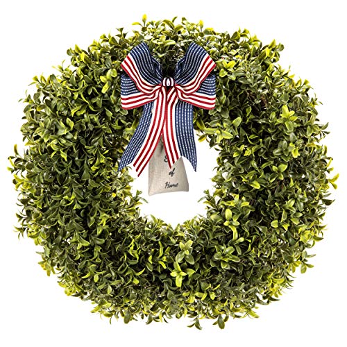 DesignbyQ - Artificial Green Leaves Wreath - 14" Boxwood Leaf Wreaths with Knotted