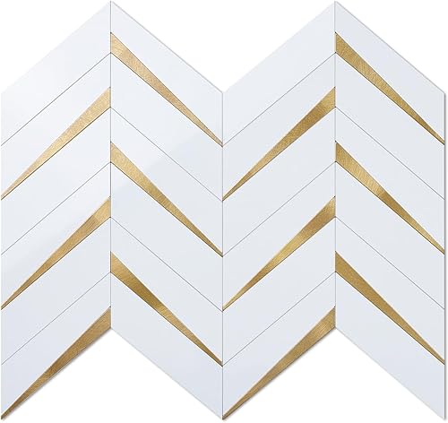 DICOFUN 1 hoja de espiga blanca pulida para despegar y pegar contra salpicaduras para cocina, PVC mezclado metal dorado Chevron Stick en azulejos de