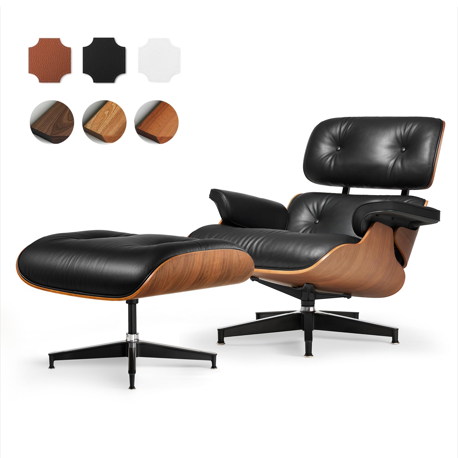 Top Black Grain Leather, Mid Century Chaise Lounge Chair and Ottoman, Modern Chair Classic Design, Heavy Duty Base Support for Living Room Study Lounge Office, Walnut