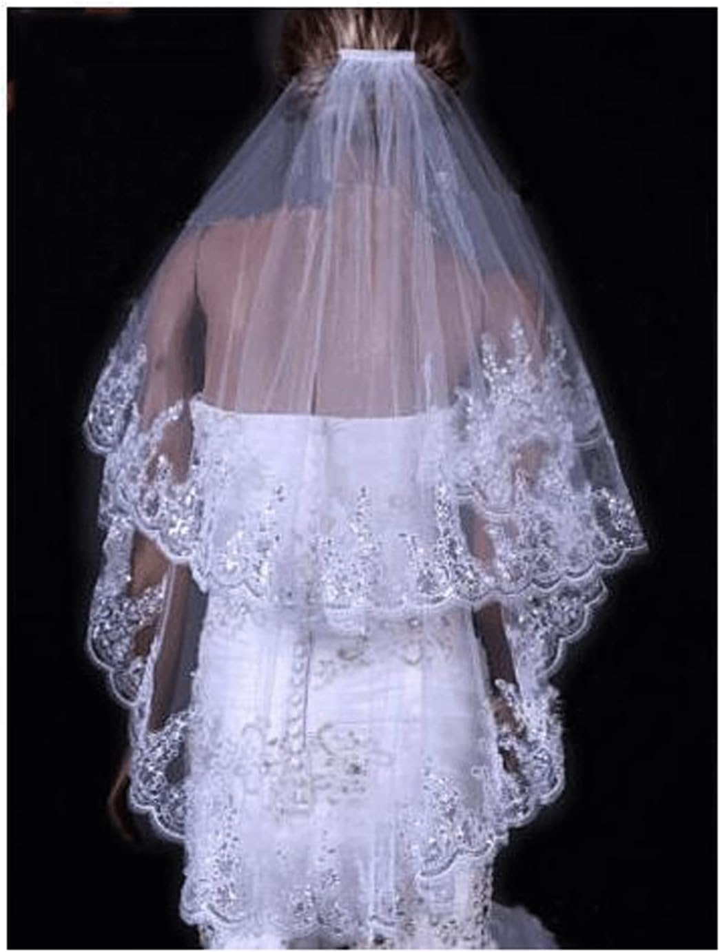 Rieort Velo da Donna Veli da Sposa in Tulle a 2 Livelli Bordo Applicato in Pizzo Velo al Gomito con Strass Velo a Goccia con 1 Pettine Velo da Sposa in Tulle Traspirante