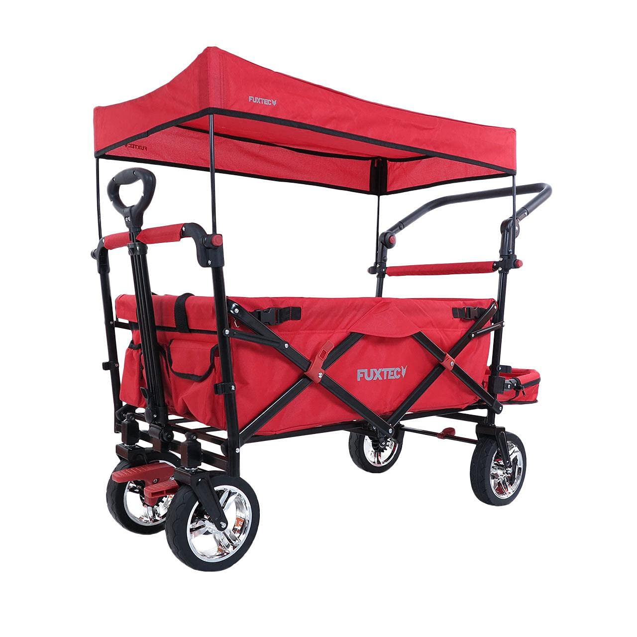 FUXTEC CT800 Red Folding Wagon for Kids to Sit In – Stroller-Style Hand Cart with Roof, Front & Rear Wheel Brakes, Solid Rubber Tyres & Interior Extension for Extra Legroom