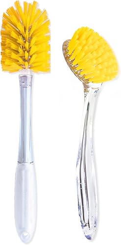 Bright Box Juego de cepillos de cocina de nailon para platos y botellas, mango ergonómico sin arañazos, 2 quilates, color amarillo
