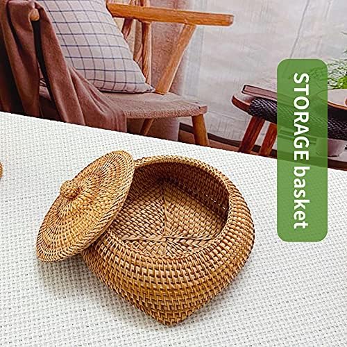 POHOVE Wicker Basket with Lid Rattan Storage Basket Desk Organizer Fruit Vegetable With Lid Round Bowls(5.9x4.7inch)