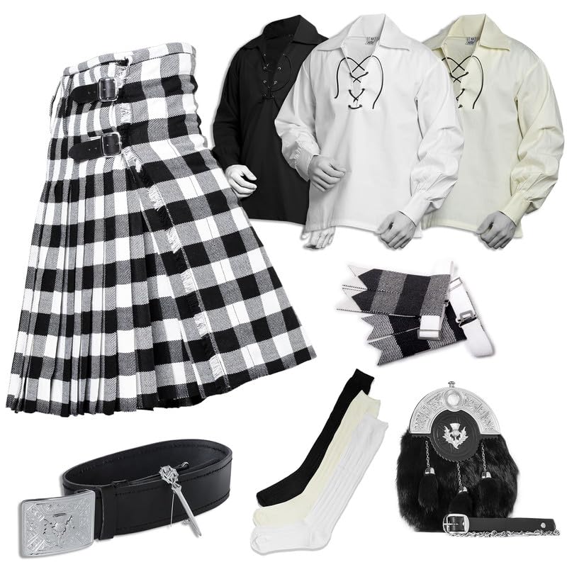 BELGLY Scottish Kilt for Men - 08 Pcs Kilt Accessories for Men, Scottish Outfit, Black N White Rob Roy 50''