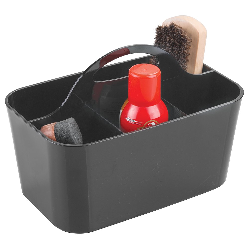 mDesignShoe Cleaning Box Black - Shoe Cleaning Box with 4 Compartments - Great Storage Box Made of Durable Plastic - with Handle for Transporting - 15.24 cm x 24.4 cm x 17.1 cm