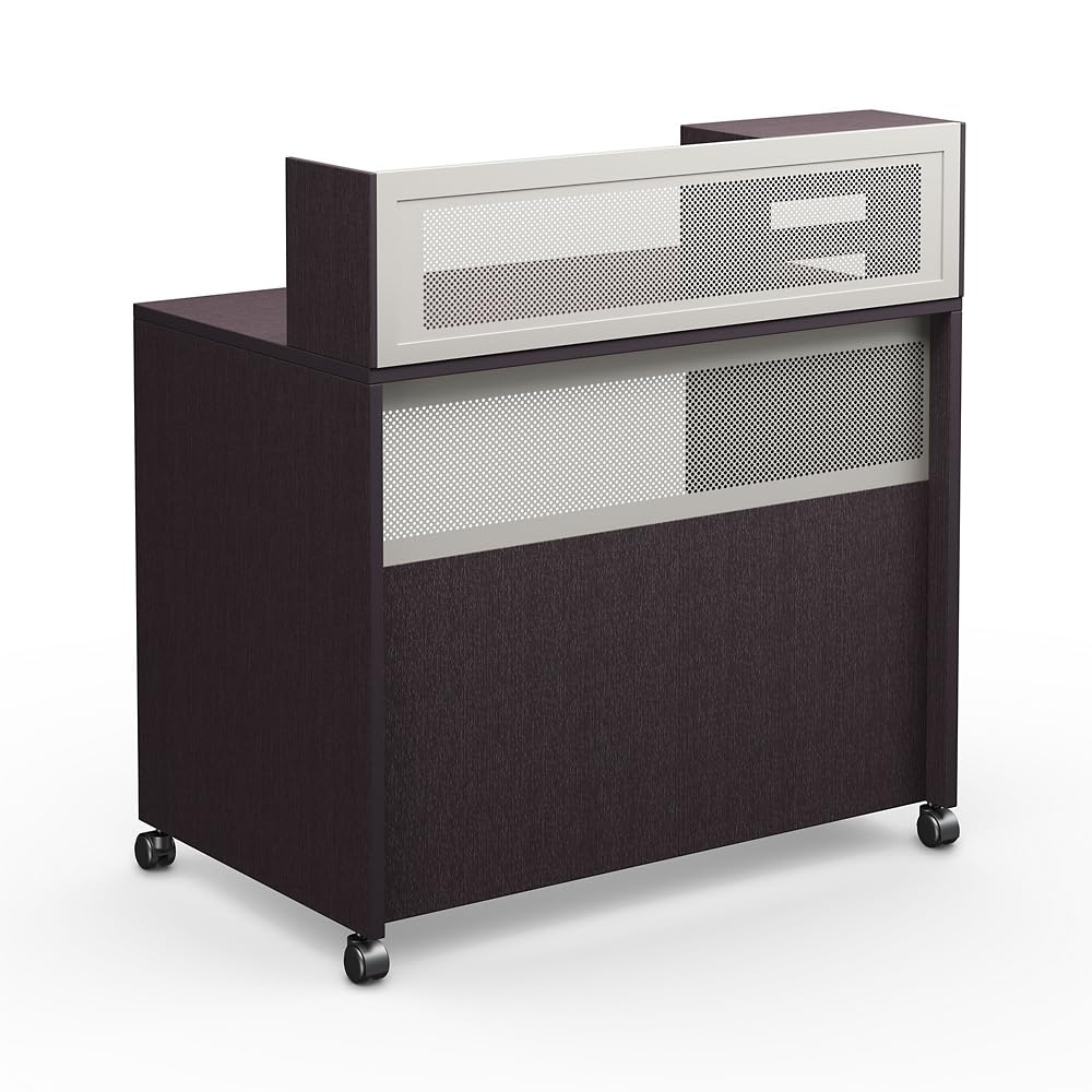 NBF Modern Reception Desk with Counter Station - Mobile Standing Height Checkout Counter - Front Desk with Espresso Laminate Finish - Durable Welcome Desk with 3 Shelves Hutch (48" W x 30" D, Brown)