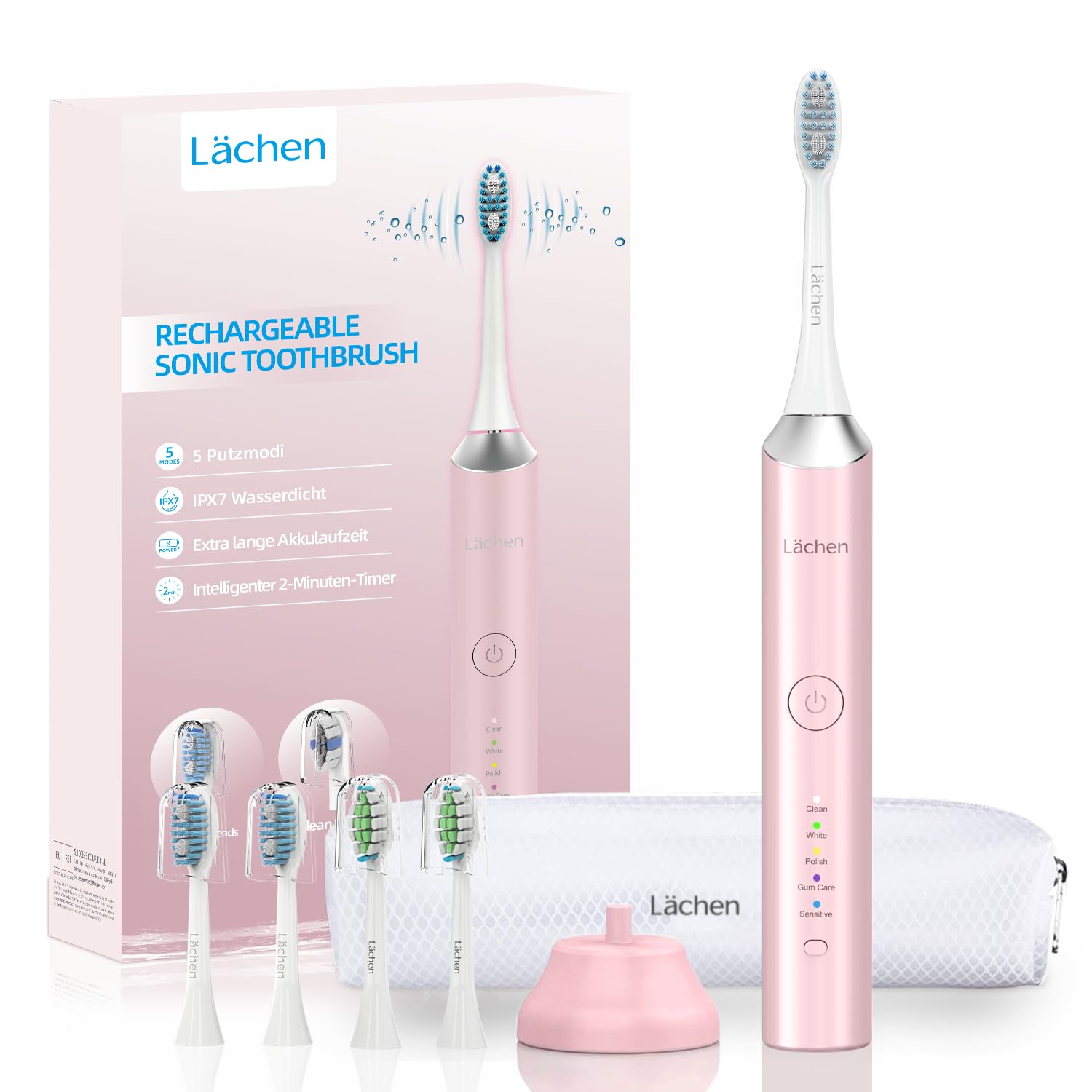 Lächen Elektrische Zahnbürste, 5 Modi Elektrische Schallzahnbürste mit Reise-Etui 4 Aufsteckbürsten, 2 Minuten Timer,USB-Ladung für 60 Tage, IPX7 Wasserdicht (Rosa)