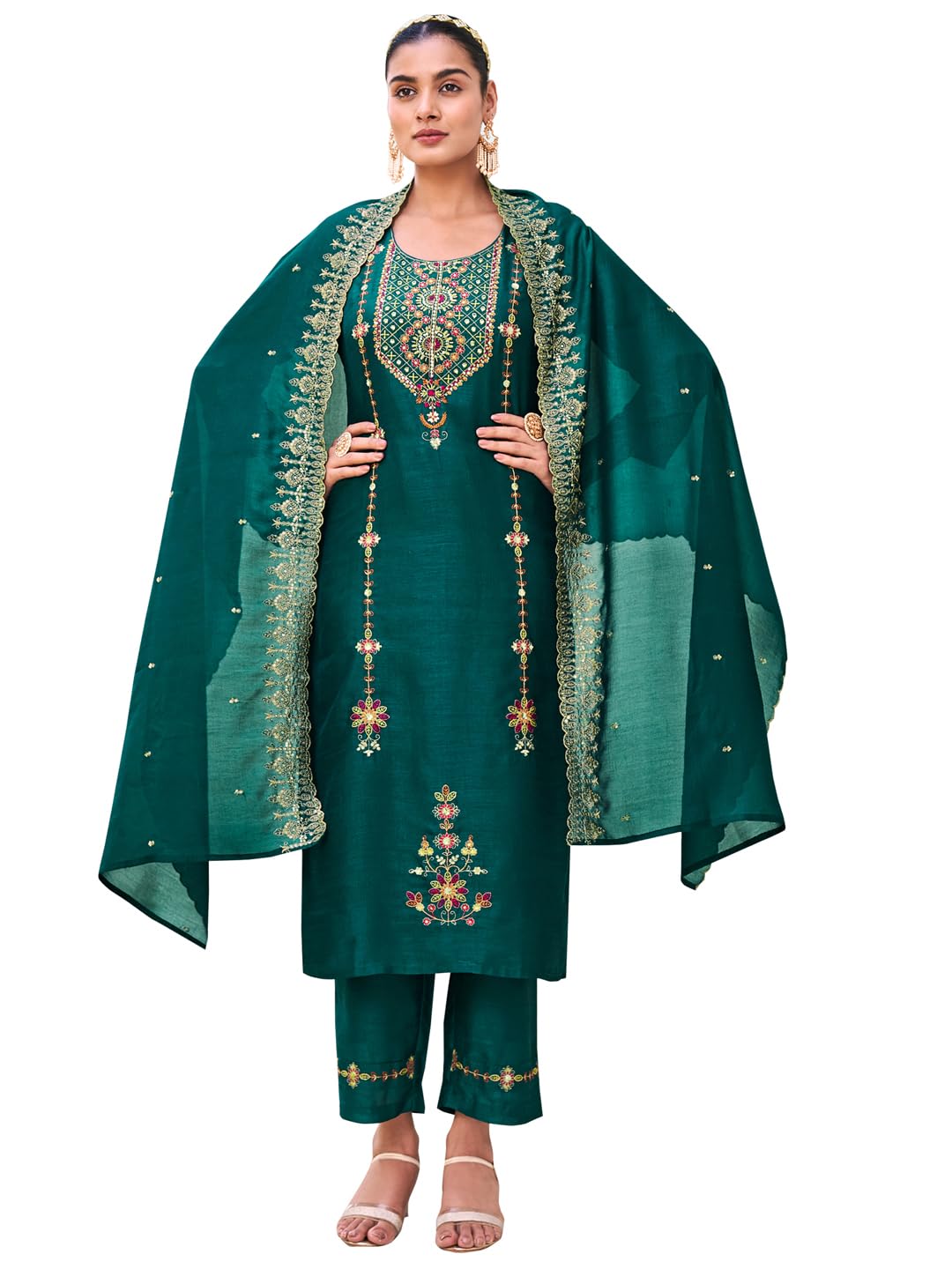 VredeVogel Women's Silk Blend Embroidery Kurta Pant Set with Inner & Dupatta