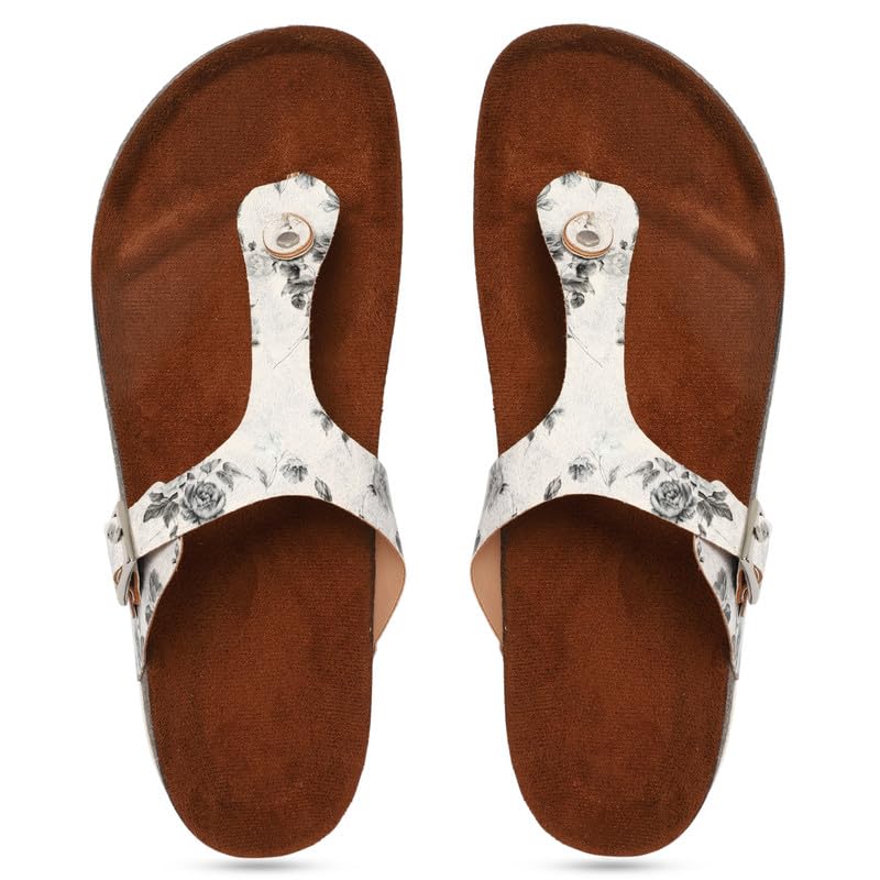 MOZAFIA White Flower Print Synthetic Leather Comfortable Stylish with Open Toe Casual Flat Sandals & Flip Flops for Women (B0CQD1R1ZN) Amazon Price History, Amazon Price Tracker