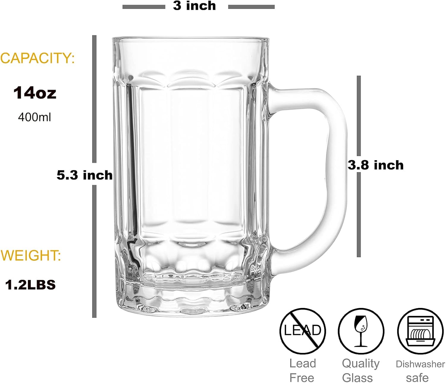 COKTIK 8 Pack Heavy Large Beer Glasses with Handle - 14 Ounce Glass Steins, Classic Beer Mug glasses Set - Image 2