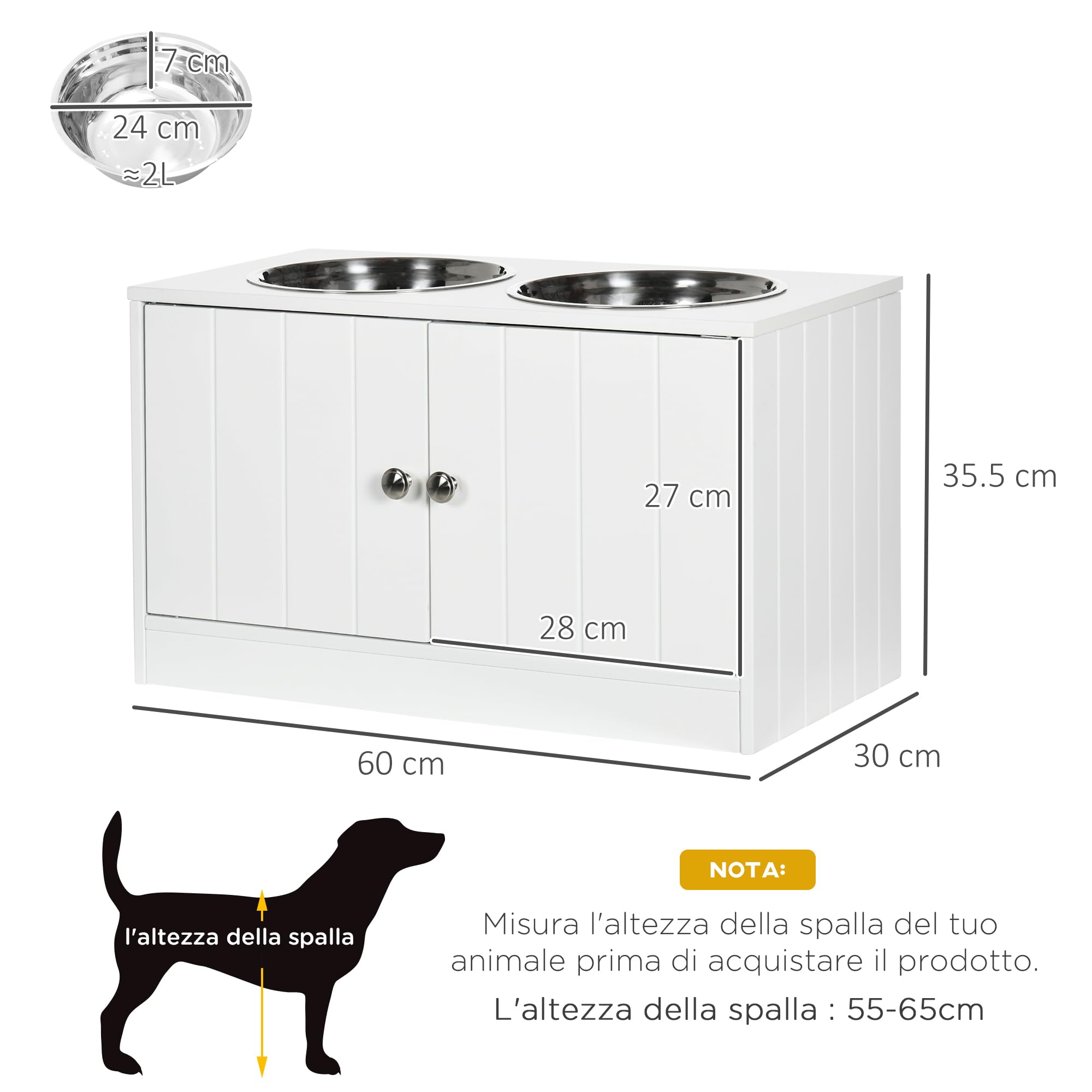 PawHut Ciotole per Cani Rialzate con Armadietto da 44L, Ciotole Rialzate in Acciaio Inox per Cani Grandi, 60x30x35.5cm, Bianco