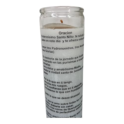 Miniatura 4 de Veladora de rezo Santo Niño de Atocha oración al reverso en español para peticiones especiales blanca sin esencia 14 oz baso de cristal