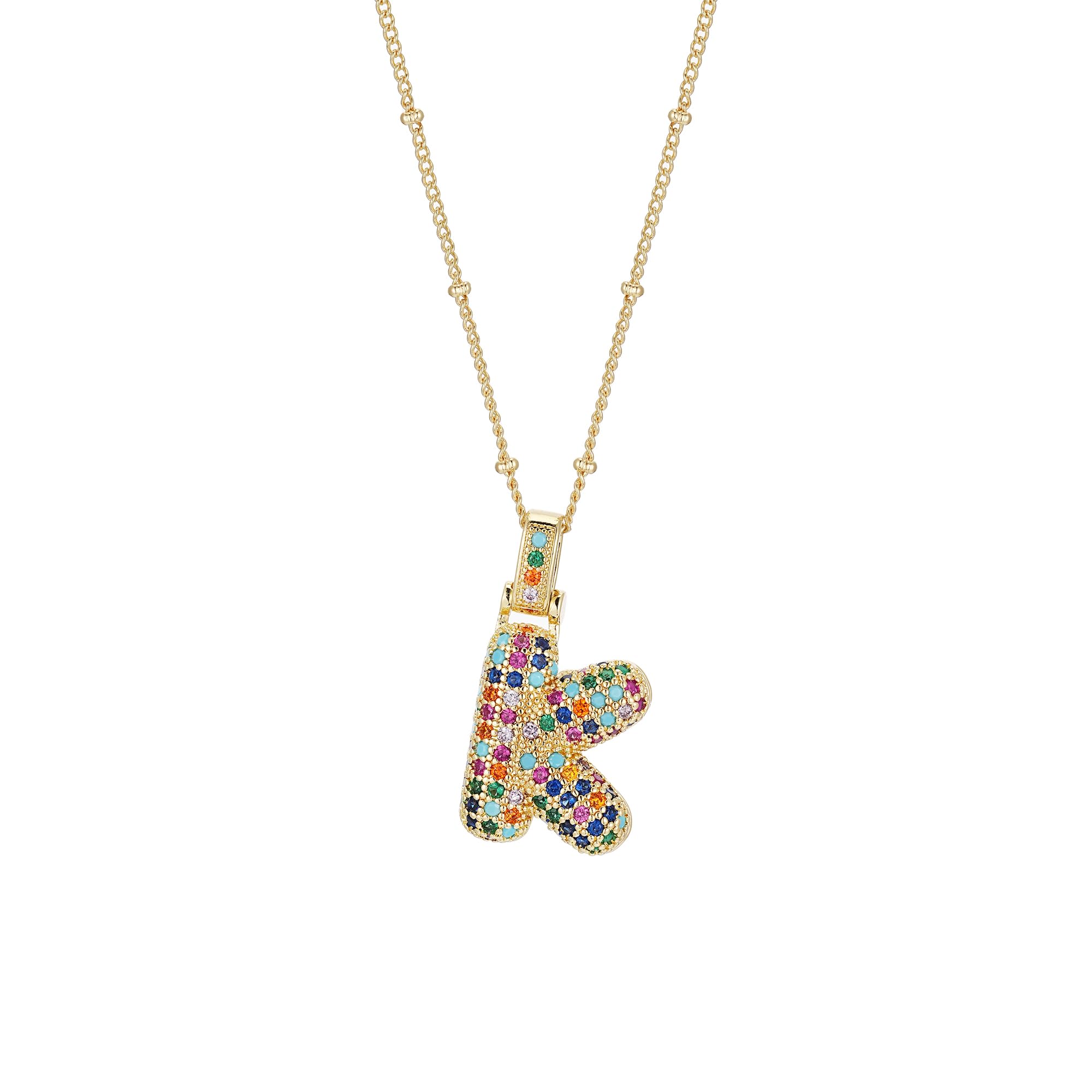 18K Gold Plated Bubble Letter Necklace, Chunky Balloon Initial Pendant Necklaces with Colorful Cubic Zirconia Trendy Alphabet Name Chain Choker Jewelry Gifts for Birthday Anniversary Party