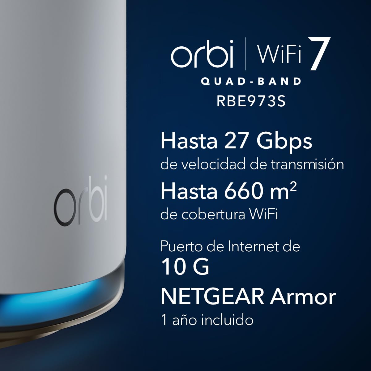 NETGEAR Orbi 970 | Sistema Mesh WiFi 7 | RBE973 | Router WiFi 7 y 2 satélites | hasta 27 Gbits/s | Alcance 660 m² | Soporta 200 Dispositivos | Puerto Internet 10GB | Cuadribanda BE27000 | Blanco