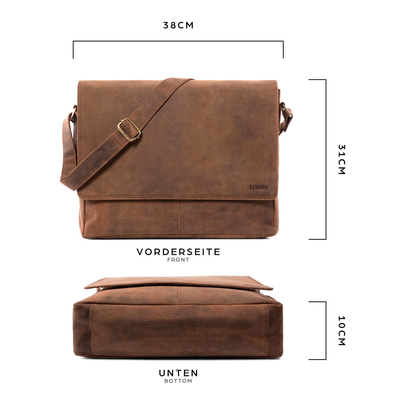 LEABAGS Oxford Laptoptasche Leder Herren Damen 15 Zoll – Messenger Bag Echtleder – Arbeitstasche Umhängetasche 38x31x10 cm