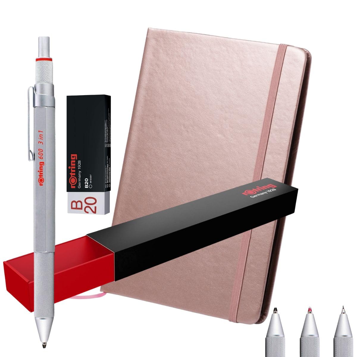 rOtring 600 3-in-1 Multicolour Pen and Mechanical Pencil + A5 Notebook | Black & Red Ballpoint Pen Tips and 1 Mechanical Pencil Tip (0.5mm) Silver Metal Barrel