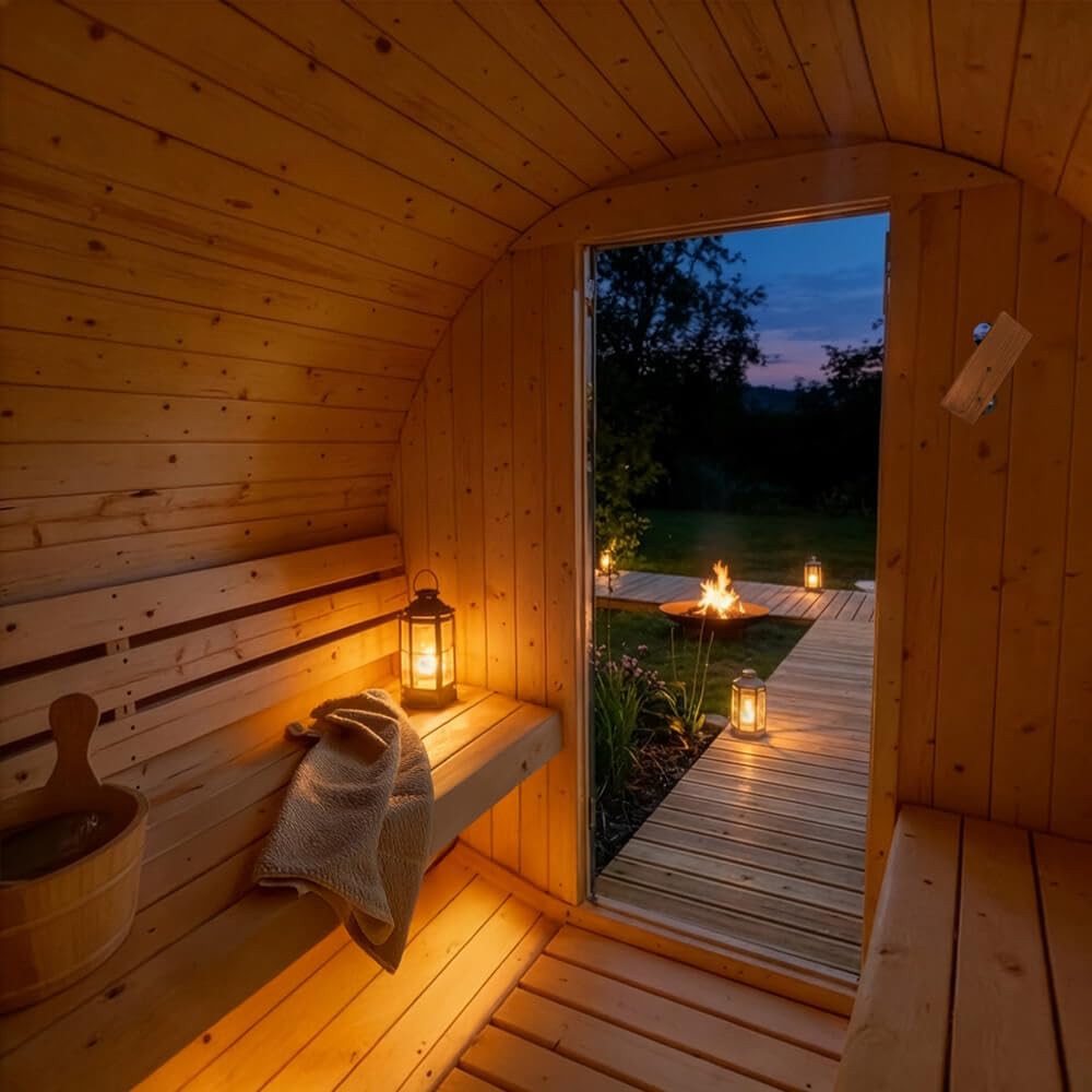 Home Deluxe - Sauna de Barril Lahti XL para Exteriores - Dimensiones: An x Pr x Al: Aprox. 195 cm x 192 cm x 220 cm, Madera: Abeto - Incl. Calefactor de Sauna y Accesorios de Sauna I Sauna de jardín,
